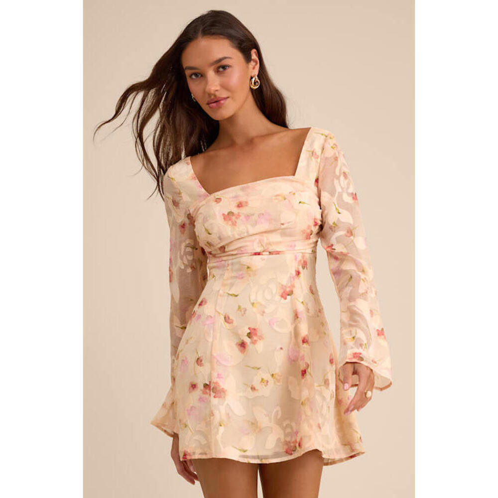 Lulus Rieti Cream Floral Burnout Long Sleeve Mini Dress White - Size XL